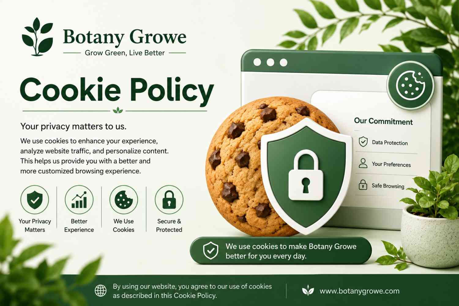 Botany Growe Cookie Policy illustration showing secure website cookies and data privacy protection