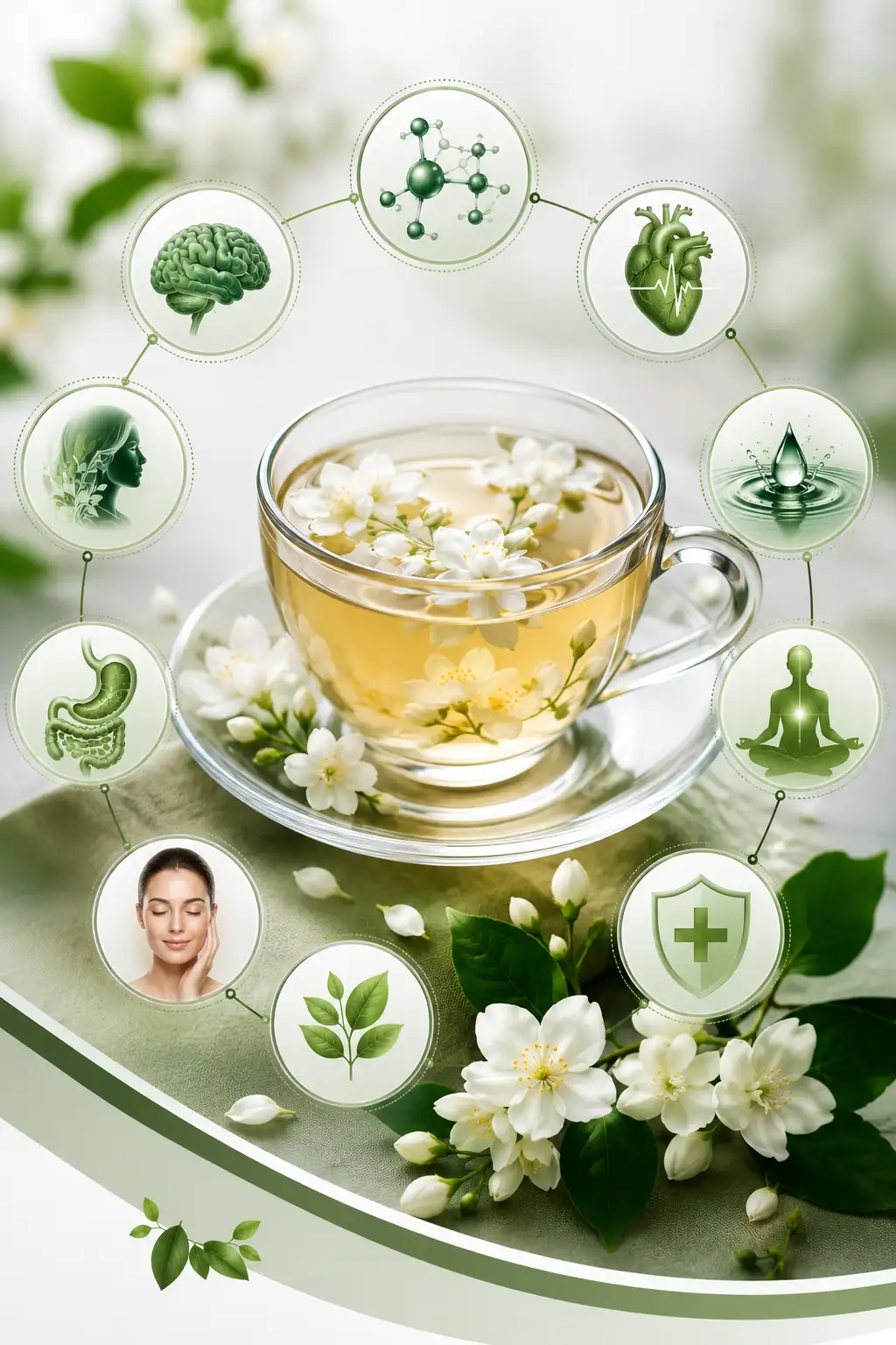 Fresh jasmine flower tea served in a glass teacup with loose tea leaves and jasmine blossoms, illustrating the benefits and brewing guide.