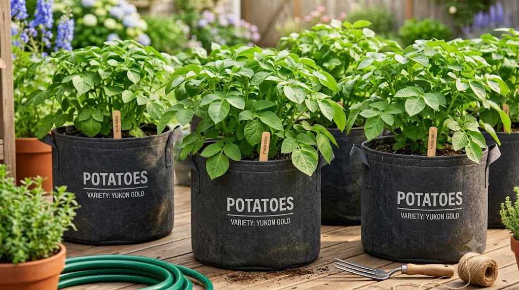 Growing Potato Plants in Pots on a home patio