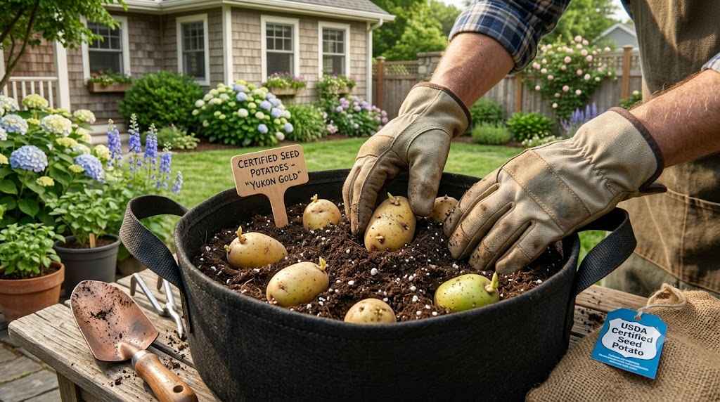 Harvesting potatoes from a container garden