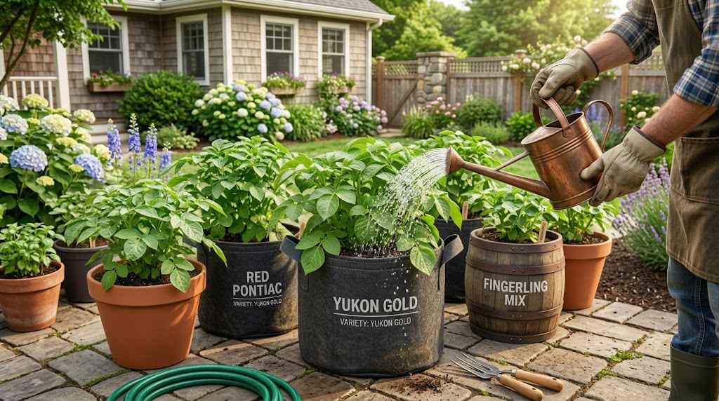 Person watering potted potato plants on a garden patio.