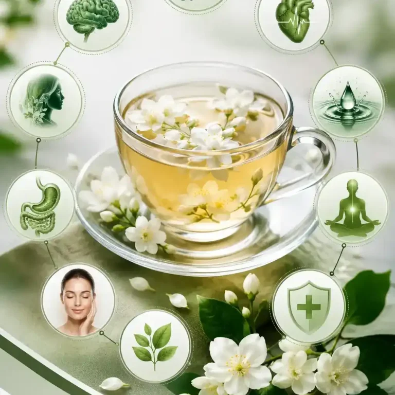 Fresh jasmine flower tea served in a glass teacup with loose tea leaves and jasmine blossoms.