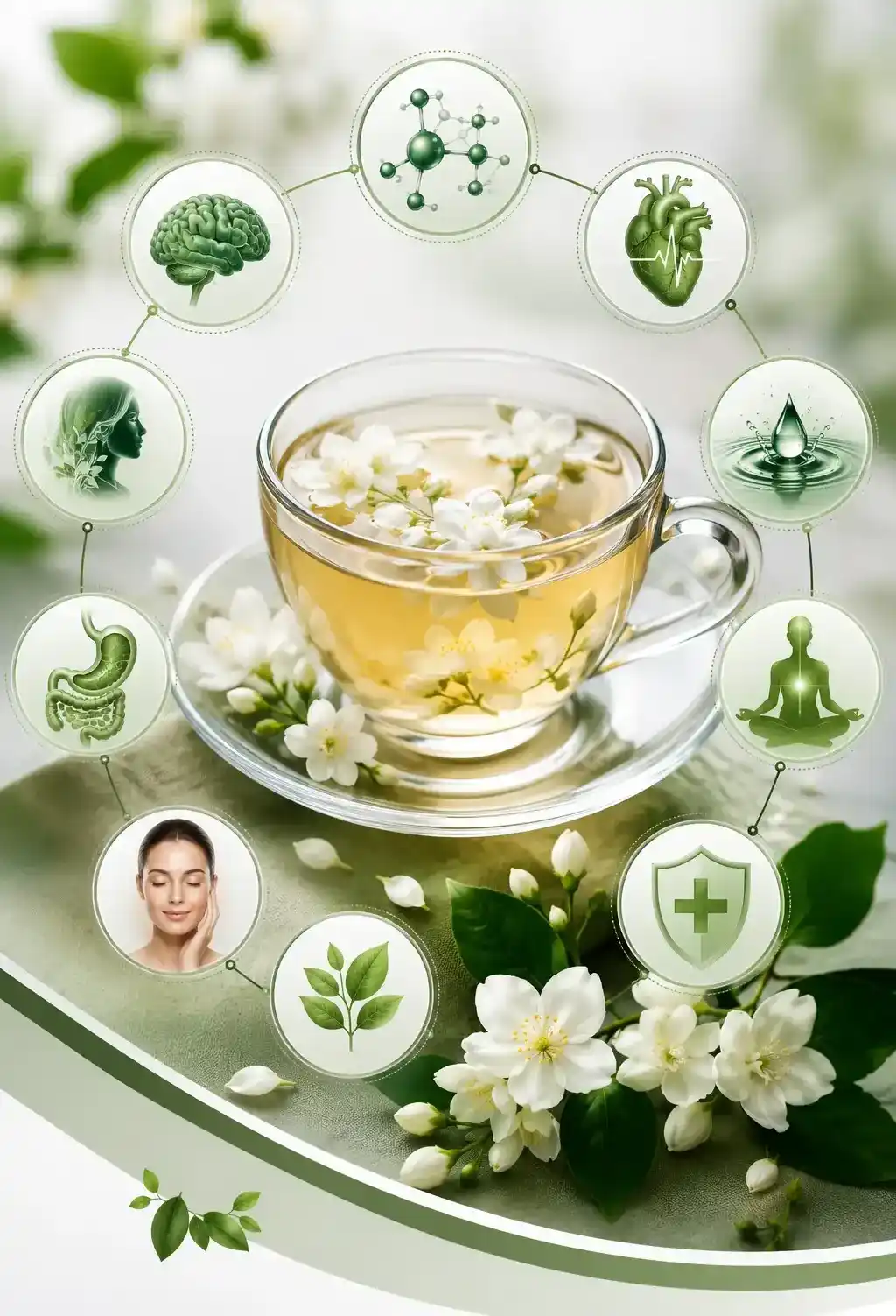 Fresh jasmine flower tea served in a glass teacup with loose tea leaves and jasmine blossoms.