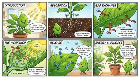 Photosynthesis comic strip showing sunlight, water, carbon dioxide, glucose, and oxygen