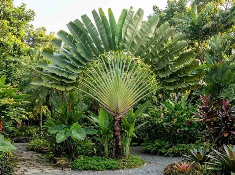 Mature travel palm plant with large fan-shaped leaves in a tropical garden