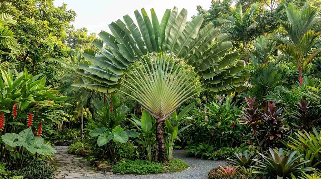 Mature travel palm plant with large fan-shaped leaves in a tropical garden