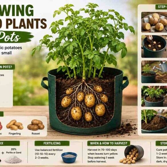 Growing Potato Plants in Pots in a sunny backyard garden