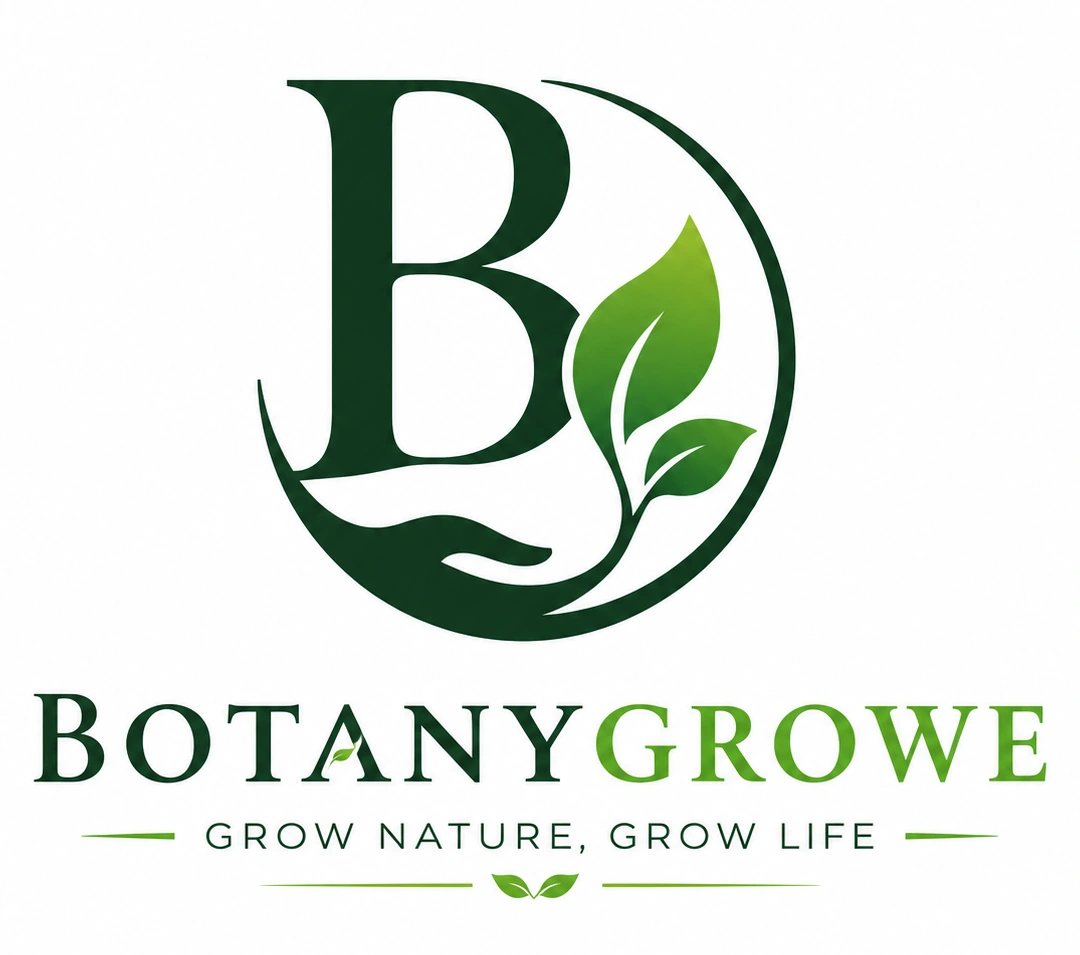 Botany Growe logo with B, green leaves, and hand symbolizing nature, growth, and sustainability.